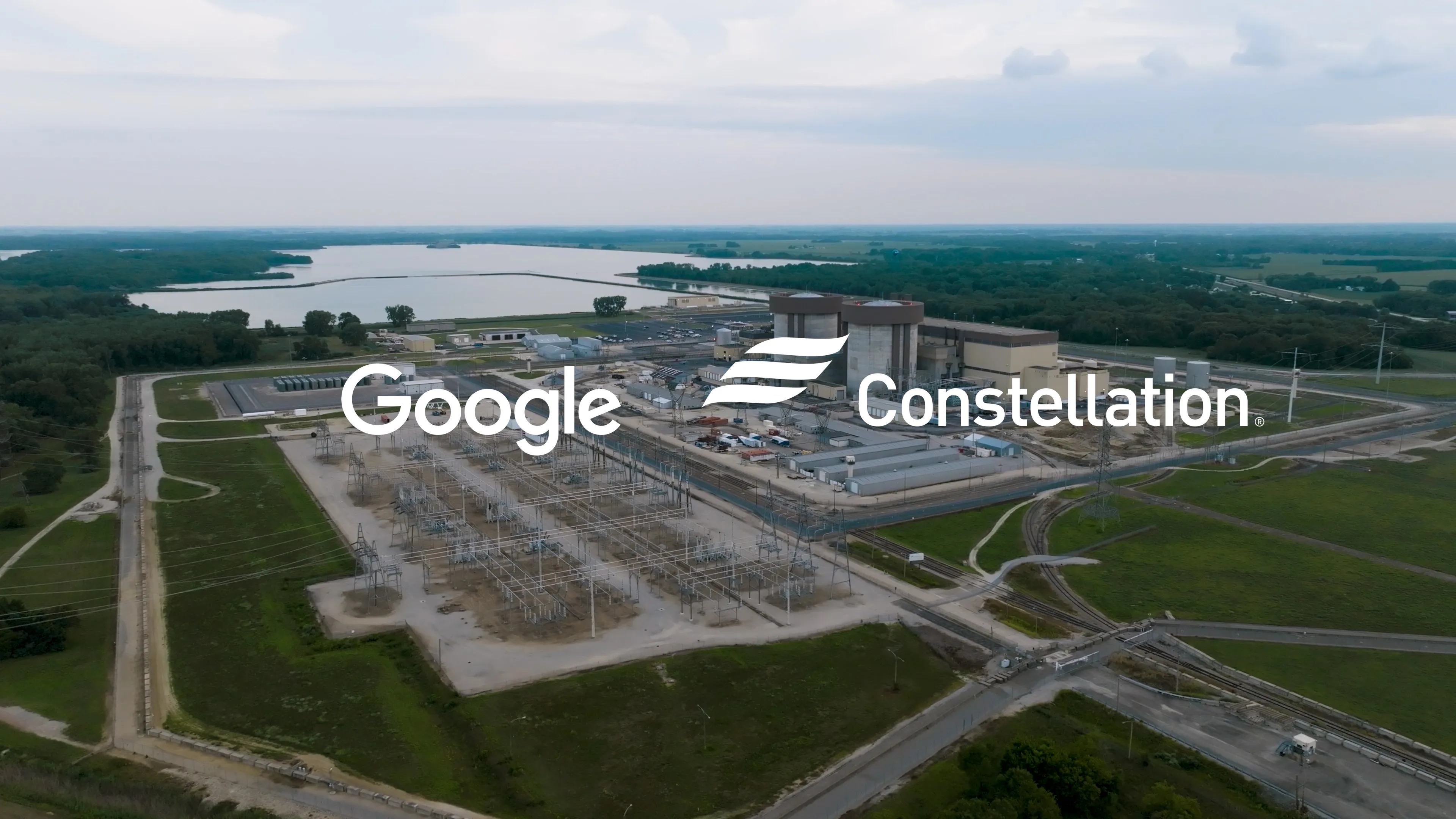 Aerial view of Braidwood Clean Energy Center in Illinois with Google and Constellation logos